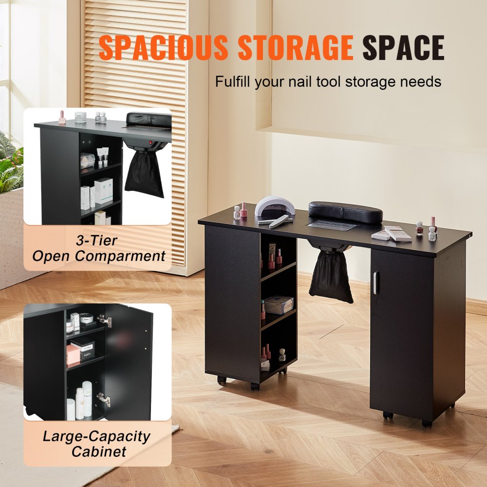 Manicure Table, Nail Table Station with Electric Dust Collector, Moveable Nail Tech Desk with 8 Wheels (4 Lockable), 3 Dust Bag & Wrist Rest, MDF Nail Art Workstation for Spa Beauty Salon, Black