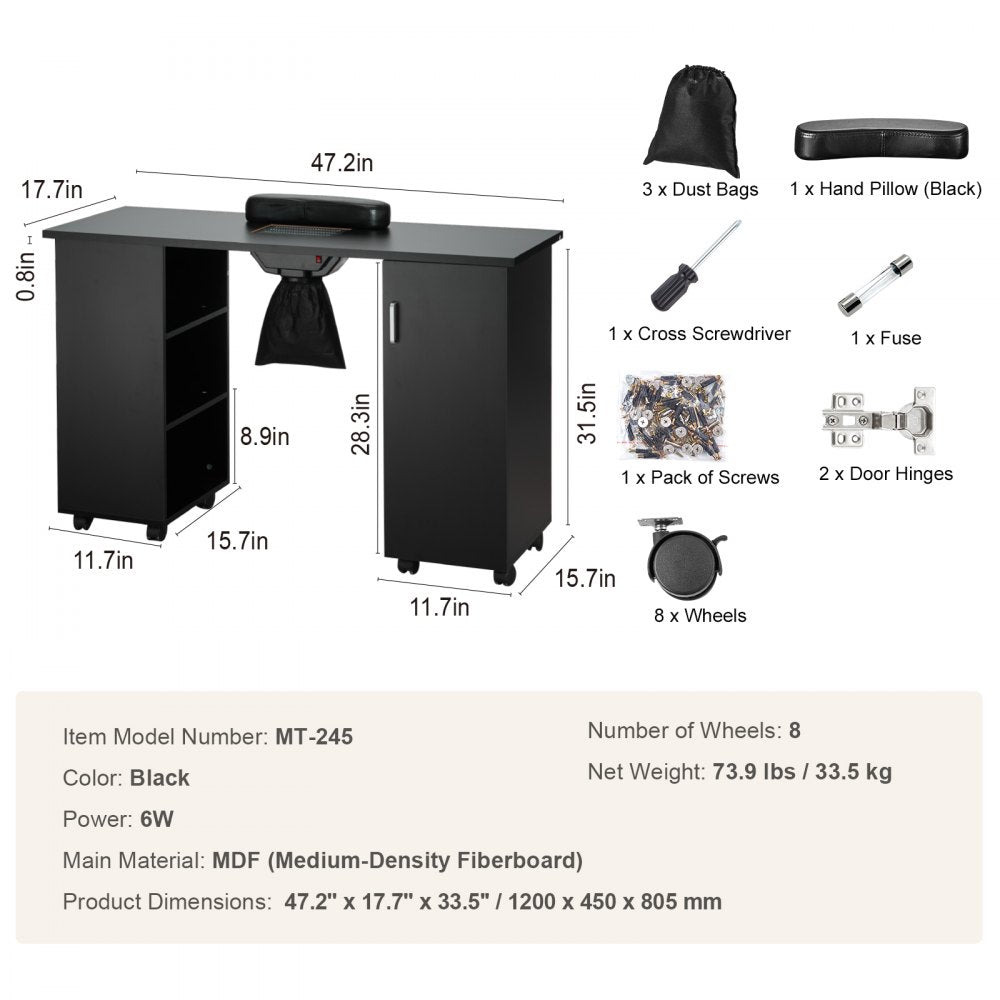 Manicure Table, Nail Table Station with Electric Dust Collector, Moveable Nail Tech Desk with 8 Wheels (4 Lockable), 3 Dust Bag & Wrist Rest, MDF Nail Art Workstation for Spa Beauty Salon, Black
