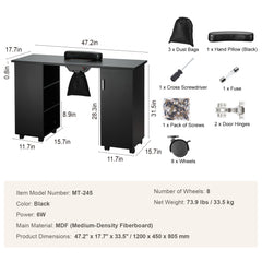 Manicure Table, Nail Table Station with Electric Dust Collector, Moveable Nail Tech Desk with 8 Wheels (4 Lockable), 3 Dust Bag & Wrist Rest, MDF Nail Art Workstation for Spa Beauty Salon, Black