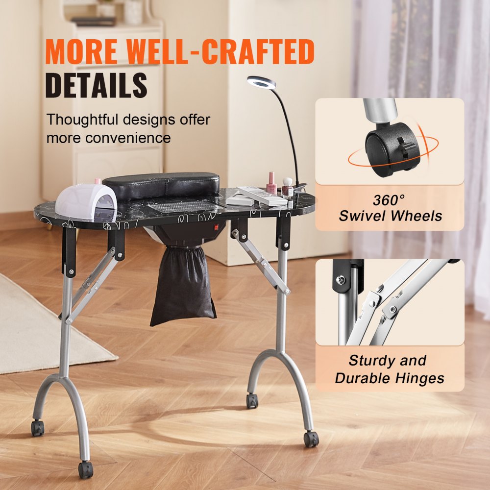 Portable Manicure Table, Foldable Nail Table with Electric Dust Collector, Moveable Nail Tech Desk & 4 Wheels, 3 Dust Bags, Bendable LED Lamp, MDF Nail Art Workstation for Home Spa Beauty Salon