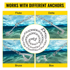 Anchor Chain, 6` x 5/16" 316 Stainless Steel Chain, 3/8" Anchor Chain Shackle, 7120lbs Anchor Lead Chain Breaking Load, 9460lbs Anchor Chain Shackle Breaking Load, Anchor Chain for Small Boats
