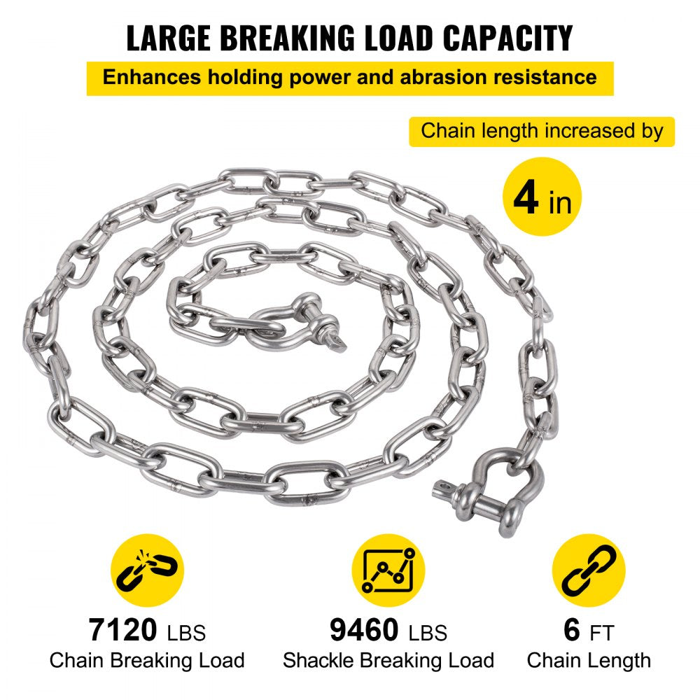 Anchor Chain, 6` x 5/16" 316 Stainless Steel Chain, 3/8" Anchor Chain Shackle, 7120lbs Anchor Lead Chain Breaking Load, 9460lbs Anchor Chain Shackle Breaking Load, Anchor Chain for Small Boats