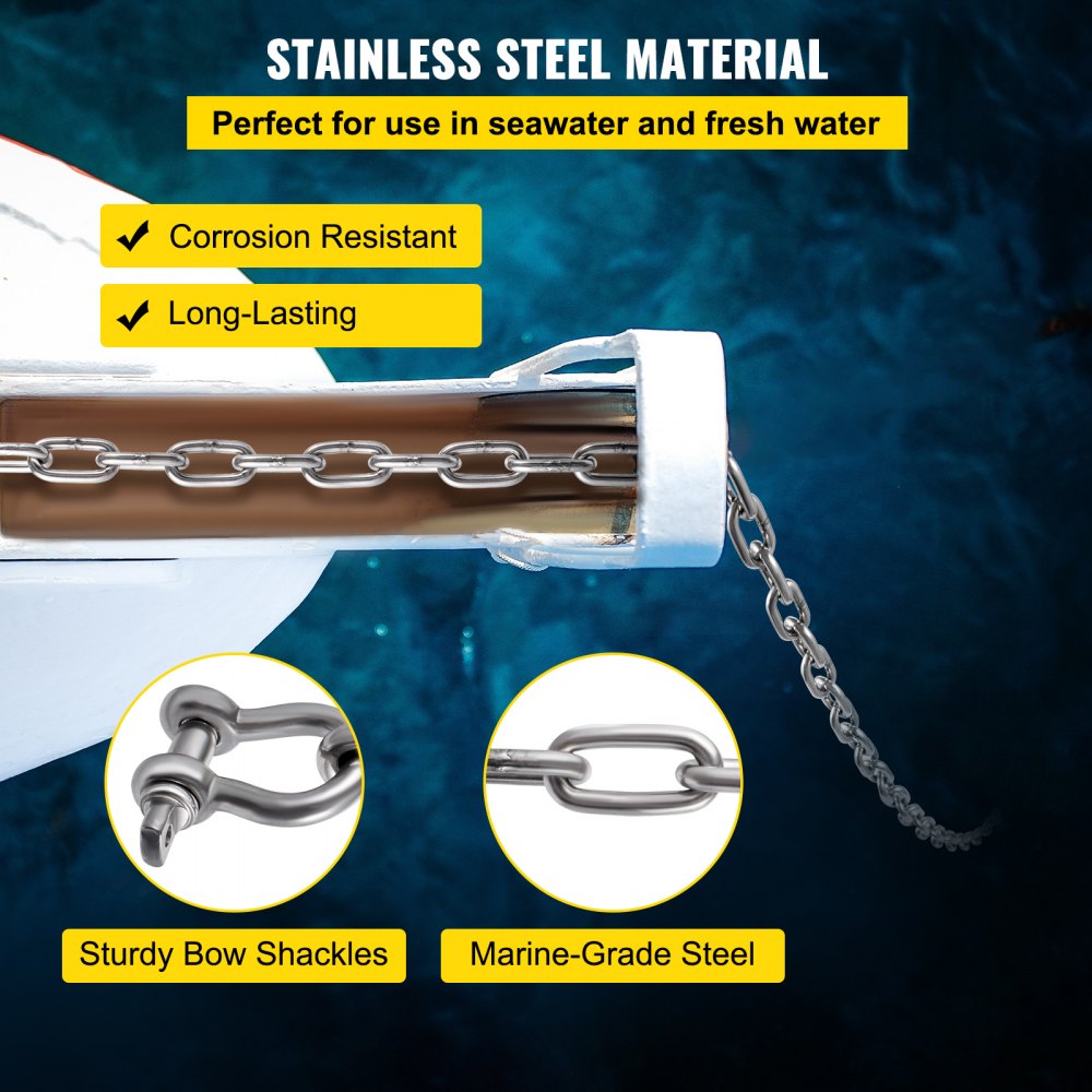 Anchor Chain, 6` x 5/16" 316 Stainless Steel Chain, 3/8" Anchor Chain Shackle, 7120lbs Anchor Lead Chain Breaking Load, 9460lbs Anchor Chain Shackle Breaking Load, Anchor Chain for Small Boats