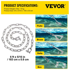 Anchor Chain, 6` x 5/16" 316 Stainless Steel Chain, 3/8" Anchor Chain Shackle, 7120lbs Anchor Lead Chain Breaking Load, 9460lbs Anchor Chain Shackle Breaking Load, Anchor Chain for Small Boats