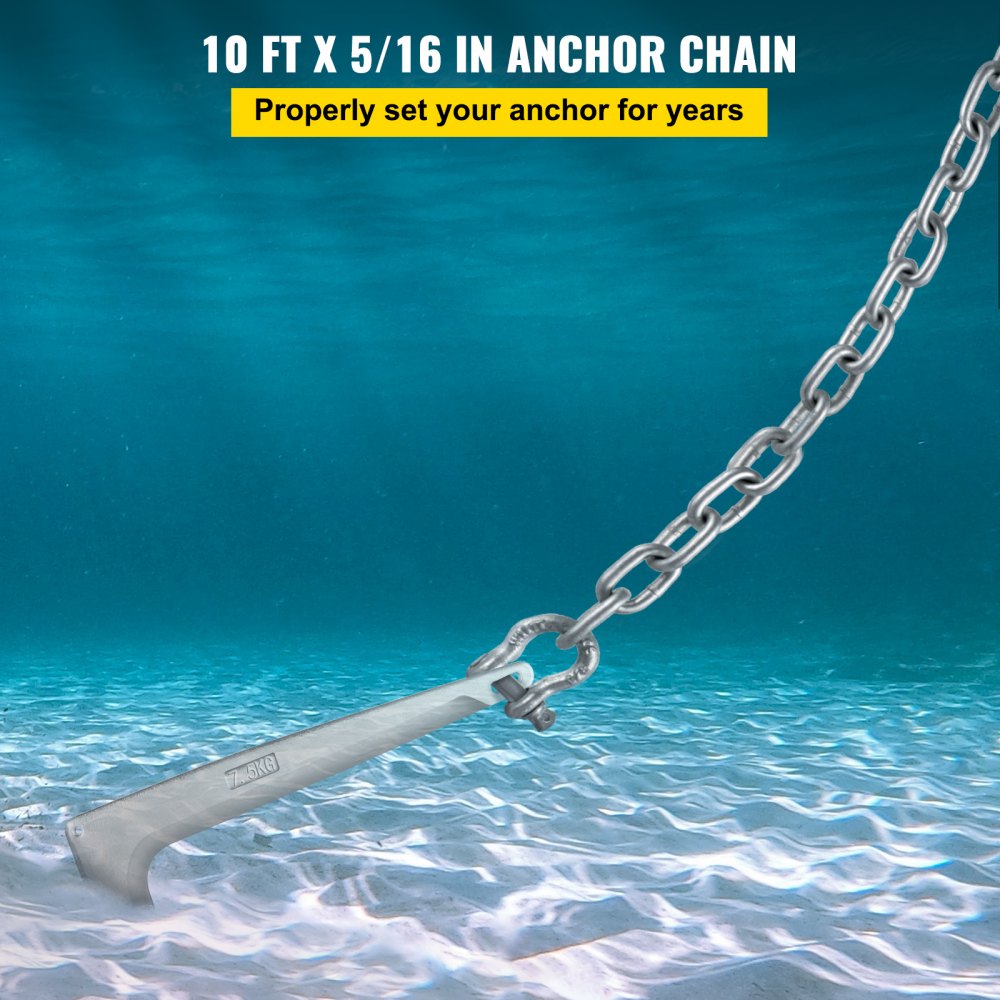 Anchor Chain, 10` x 5/16" Galvanized Steel Chain, 3/8" Anchor Chain Shackle, 11650lbs Anchor Lead Chain Breaking Load, 9460lbs Anchor Chain Shackle Breaking Load, Anchor Chain for Boats, Ships