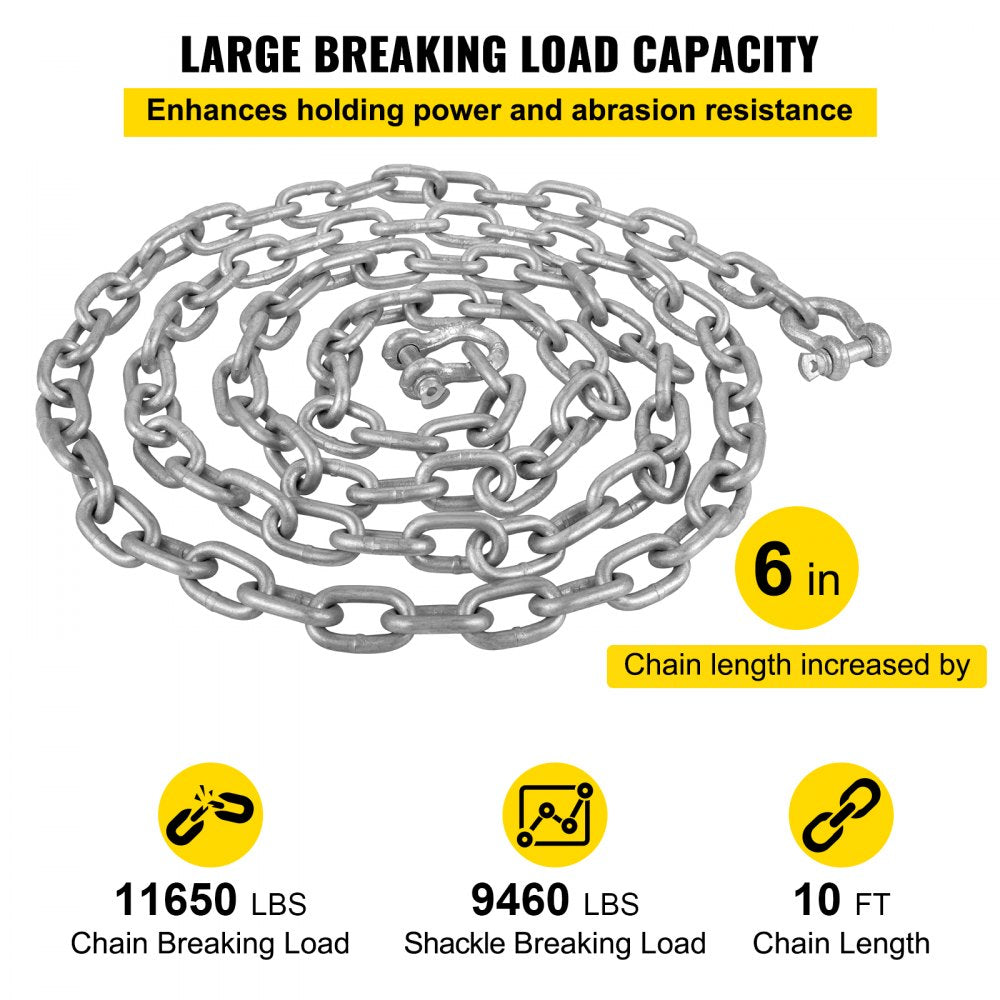 Anchor Chain, 10` x 5/16" Galvanized Steel Chain, 3/8" Anchor Chain Shackle, 11650lbs Anchor Lead Chain Breaking Load, 9460lbs Anchor Chain Shackle Breaking Load, Anchor Chain for Boats, Ships