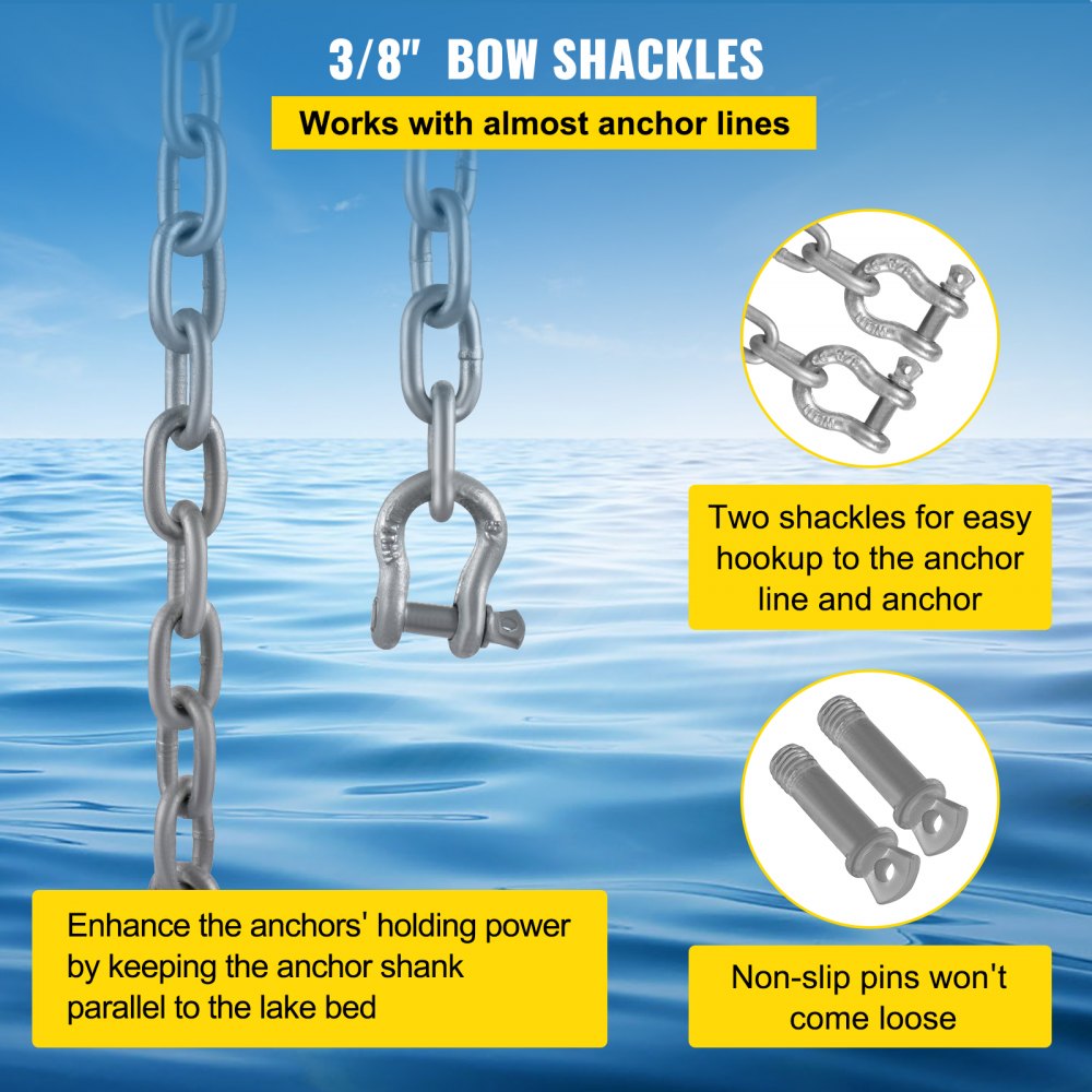 Anchor Chain, 10` x 5/16" Galvanized Steel Chain, 3/8" Anchor Chain Shackle, 11650lbs Anchor Lead Chain Breaking Load, 9460lbs Anchor Chain Shackle Breaking Load, Anchor Chain for Boats, Ships