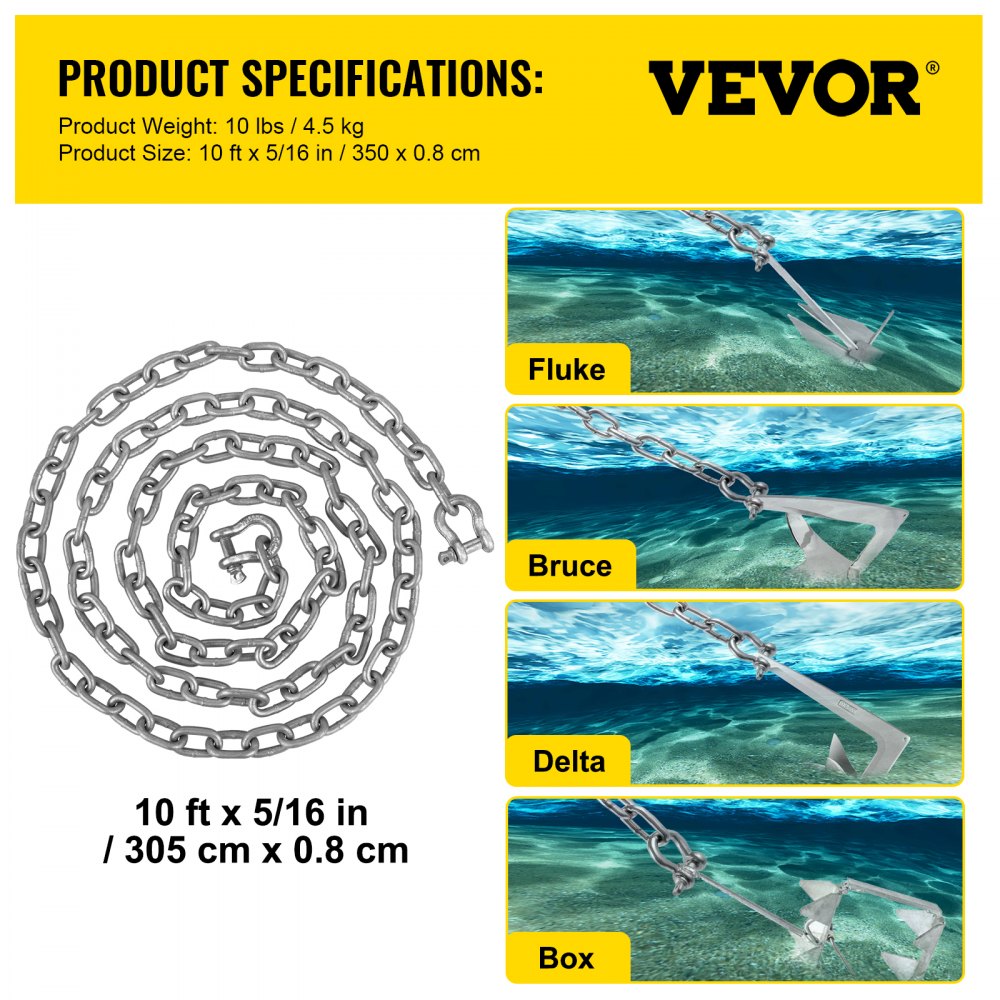 Anchor Chain, 10` x 5/16" Galvanized Steel Chain, 3/8" Anchor Chain Shackle, 11650lbs Anchor Lead Chain Breaking Load, 9460lbs Anchor Chain Shackle Breaking Load, Anchor Chain for Boats, Ships