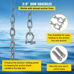 Anchor Chain, 20` x 5/16" Galvanized Steel Chain, 3/8" Anchor Chain Shackle, 11650lbs Anchor Lead Chain Breaking Load, 9460lbs Anchor Chain Shackle Breaking Load, Anchor Chain for Boats