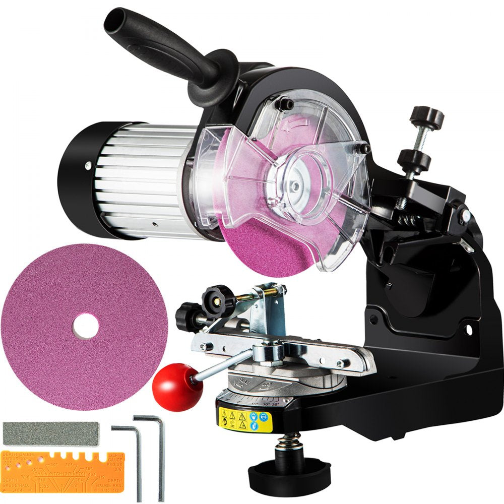 Bostome 230W electric chainsaw sharpener with multi-angle vise, 3000 RPM motor, and grinding wheel.