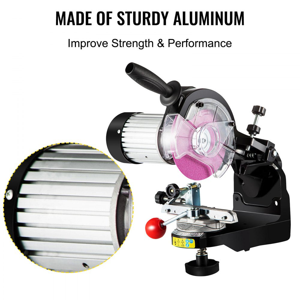 Electric chainsaw sharpener with 230W motor, multi-angle vise, and aluminum grinding wheel.