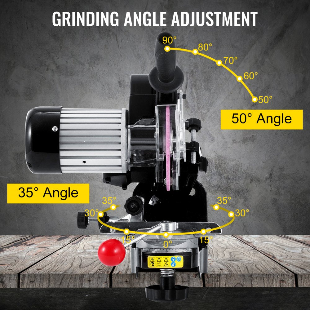 Electric chainsaw sharpener with multi-angle grinding adjustment from 0 to 90 degrees.