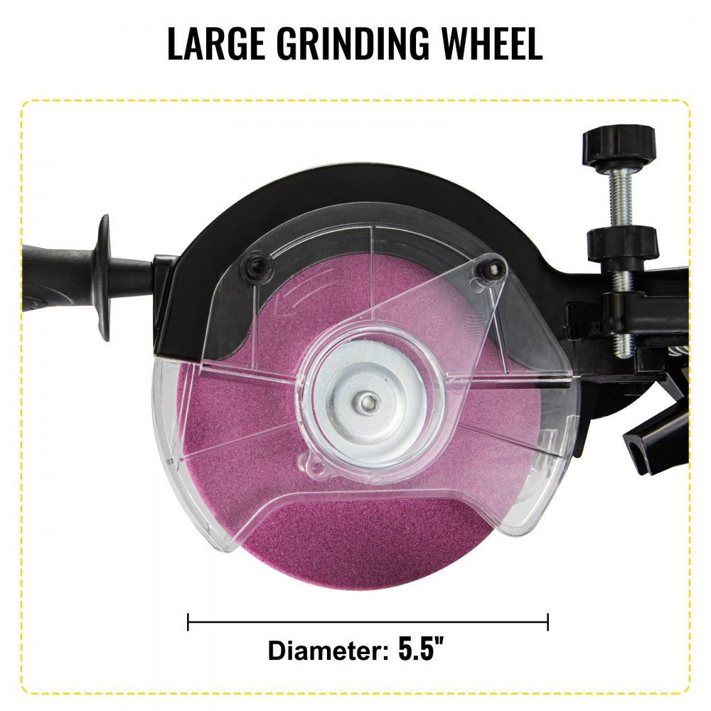 Large 5.5-inch pink grinding wheel on electric chainsaw sharpener with black guard and handle.