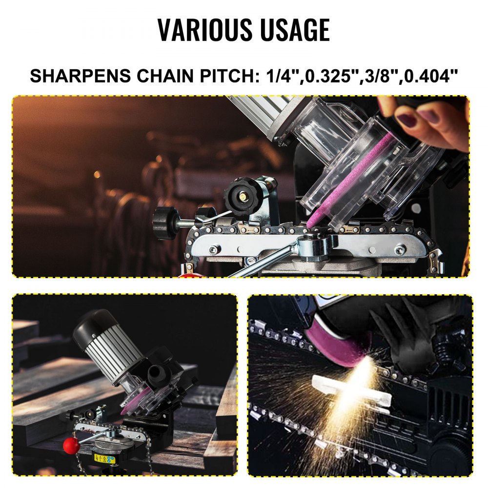Electric chainsaw sharpener with multi-angle vise, 230W motor, and grinding wheel in use.