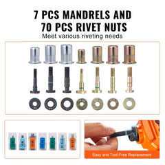 Rivet Nut Tool, 14” Rivnut Tool Kit with 7 PCS Metric and SAE Mandrels, 70 PCS Assorted Rivet Nuts, 10-24, 1/4-20, M6, 5/16-18, M8, 3/8-16, M10, Rivet Nut Kit With Rugged Carrying Case