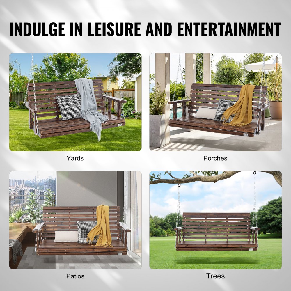 Wooden Porch Swing 4.5 ft, Patio bench swing for Courtyard & Garden, Upgraded 880 lbs Strong Load Capacity, Heavy Duty Swing Chair Bench with Hanging Chains for Outdoors, Carbonized Brown