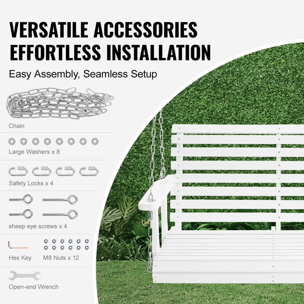 Wooden Porch Swing 4 ft, Patio bench swing for Courtyard & Garden, Upgraded 880 lbs Strong Load Capacity, Heavy Duty Swing Chair Bench with Hanging Chains for Outdoors, White