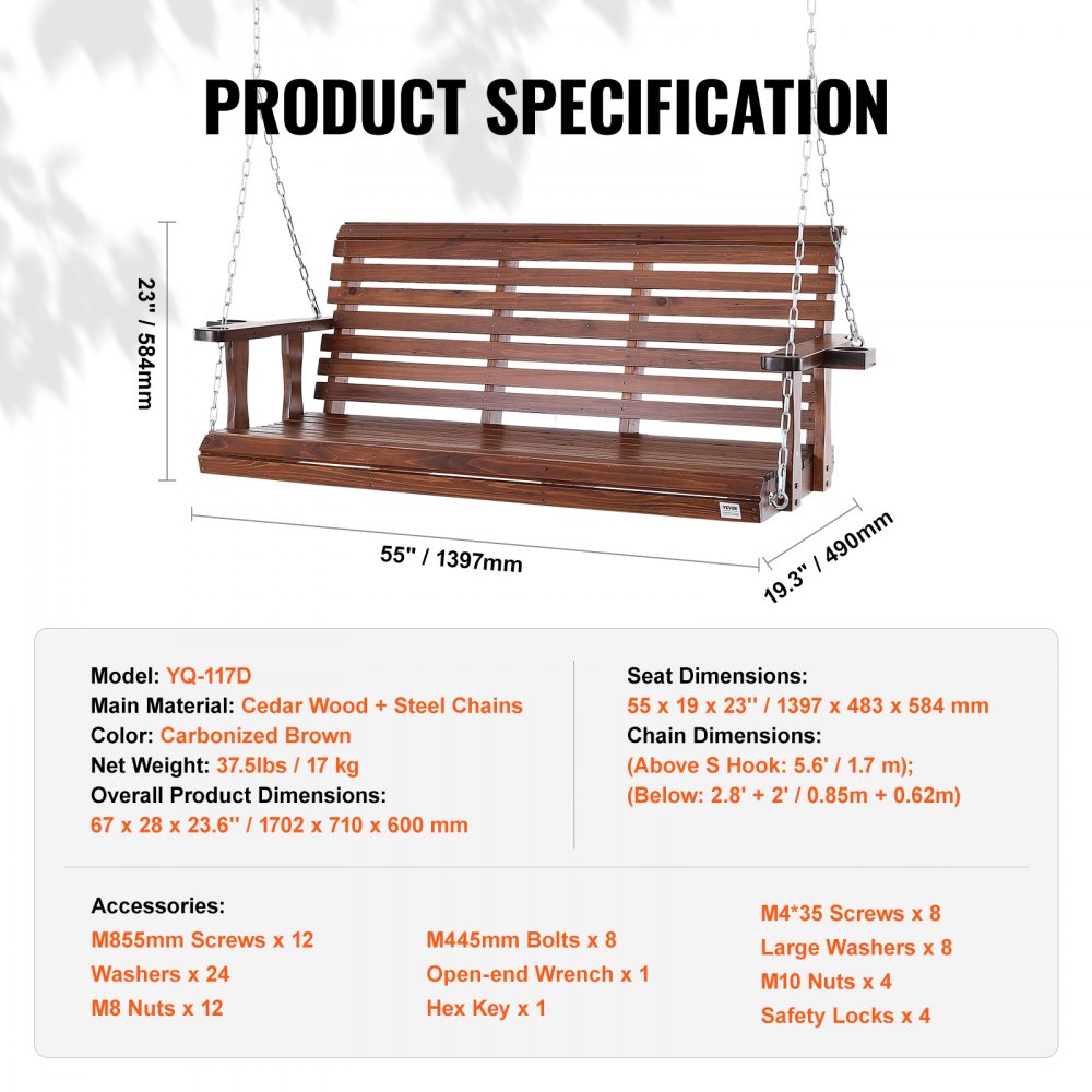 Wooden Porch Swing 5.5 ft, Patio bench swing for Courtyard & Garden, Upgraded 880 lbs Strong Load Capacity, Heavy Duty Swing Chair Bench with Hanging Chains for Outdoors, Brown