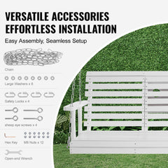 Wooden Porch Swing 5 ft, Patio bench swing for Courtyard & Garden, Upgraded 880 lbs Strong Load Capacity, Heavy Duty Swing Chair Bench with Hanging Chains for Outdoors, White