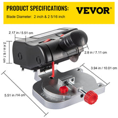 Compact black mini miter chop saw with 2-5/16 inch blades, 0-45 degree angle adjustment, and dimensions shown.
