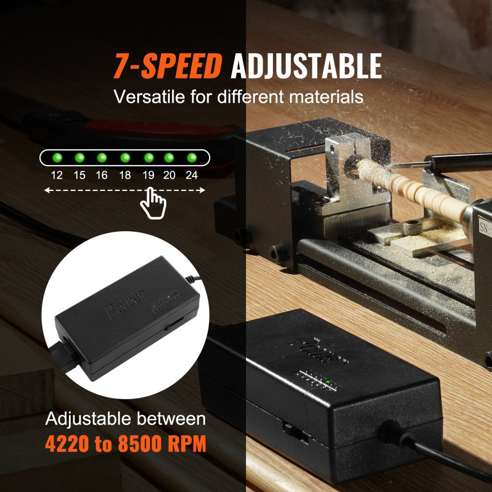 Mini Lathe Machine, 2.76 in x 6.3 in, 24VDC 96W Mini Wood Lathe Tools Milling Machine Accessories, 7 Speeds 4220/5300/5650/6350/6660/7050/8450 RPM, for DIY Woodworking Wood Drill Rotary Tool