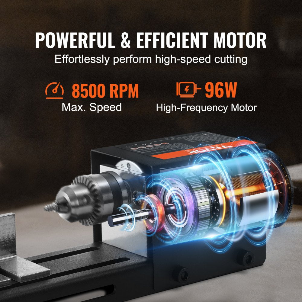 Mini Lathe Machine, 2.76 in x 6.3 in, 24VDC 96W Mini Wood Lathe Tools Milling Machine Accessories, 7 Speeds 4220/5300/5650/6350/6660/7050/8450 RPM, for DIY Woodworking Wood Drill Rotary Tool