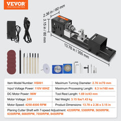 Mini Lathe Machine, 2.76 in x 6.3 in, 24VDC 96W Mini Wood Lathe Tools Milling Machine Accessories, 7 Speeds 4220/5300/5650/6350/6660/7050/8450 RPM, for DIY Woodworking Wood Drill Rotary Tool