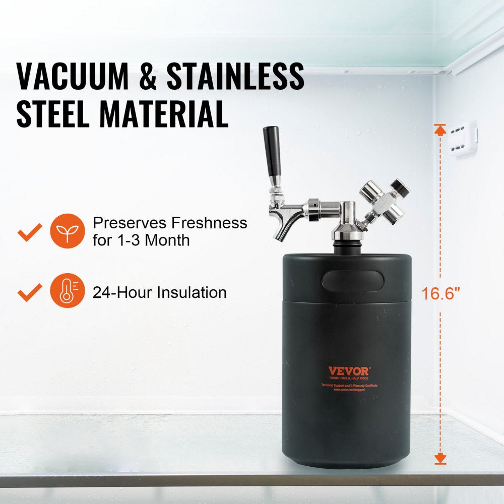 Beer Growler Tap System, 170Oz 5L Mini Keg, 304 Stainless Steel Pressurized Beer Growler, Keg Growler with Pressure Display, CO2 Regulator Faucet, Leak-Proof Ring For Draft, Homebrew, Craft Beer