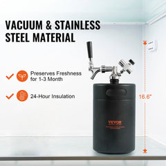 Beer Growler Tap System, 170Oz 5L Mini Keg, 304 Stainless Steel Pressurized Beer Growler, Keg Growler with Pressure Display, CO2 Regulator Faucet, Leak-Proof Ring For Draft, Homebrew, Craft Beer