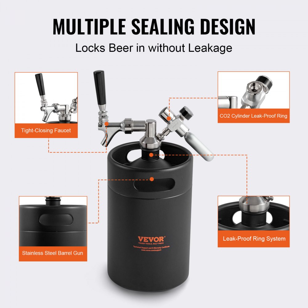 Beer Growler Tap System, 170Oz 5L Mini Keg, 304 Stainless Steel Pressurized Beer Growler, Keg Growler with Pressure Display, CO2 Regulator Faucet, Leak-Proof Ring For Draft, Homebrew, Craft Beer