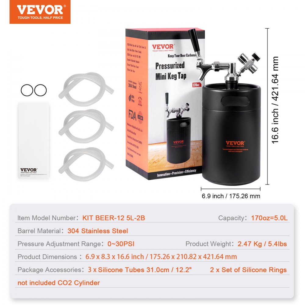 Beer Growler Tap System, 170Oz 5L Mini Keg, 304 Stainless Steel Pressurized Beer Growler, Keg Growler with Pressure Display, CO2 Regulator Faucet, Leak-Proof Ring For Draft, Homebrew, Craft Beer