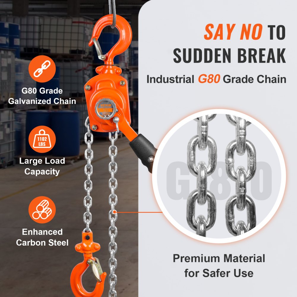 Manual Lever Chain Hoist, 1/2 Ton 1100 lbs Capacity 10 FT Come Along, G80 Galvanized Carbon Steel with Weston Double-Pawl Brake, Auto Chain Leading & 360° Rotation Hook, for Garage Factory Dock