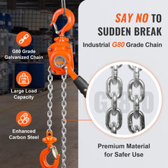 Manual Lever Chain Hoist, 1/2 Ton 1100 lbs Capacity 10 FT Come Along, G80 Galvanized Carbon Steel with Weston Double-Pawl Brake, Auto Chain Leading & 360° Rotation Hook, for Garage Factory Dock