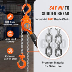 Manual Lever Chain Hoist, 1/4 Ton 550 lbs Capacity 10 FT Come Along, G80 Galvanized Carbon Steel with Weston Double-Pawl Brake, Auto Chain Leading & 360° Rotation Hook, for Garage Factory Dock