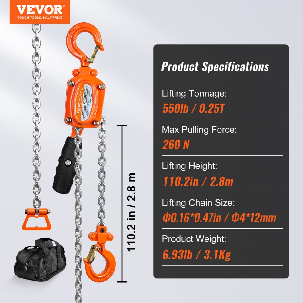 Manual Lever Chain Hoist, 1/4 Ton 550 lbs Capacity 10 FT Come Along, G80 Galvanized Carbon Steel with Weston Double-Pawl Brake, Auto Chain Leading & 360° Rotation Hook, for Garage Factory Dock