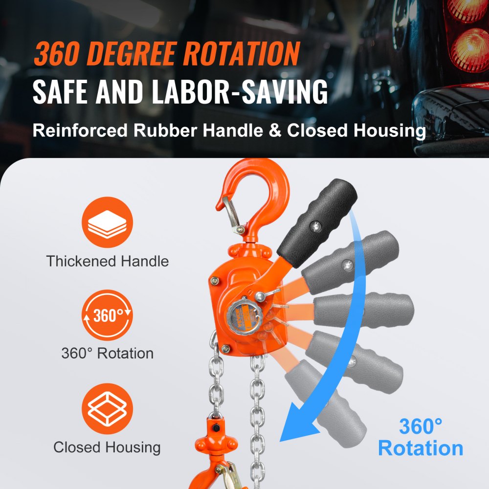 Manual Lever Chain Hoist, 1/2 Ton 1100 lbs Capacity 5 FT Come Along, G80 Galvanized Carbon Steel with Weston Double-Pawl Brake, Auto Chain Leading & 360° Rotation Hook, for Garage Factory Dock