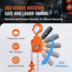 Manual Lever Chain Hoist, 1/2 Ton 1100 lbs Capacity 5 FT Come Along, G80 Galvanized Carbon Steel with Weston Double-Pawl Brake, Auto Chain Leading & 360° Rotation Hook, for Garage Factory Dock
