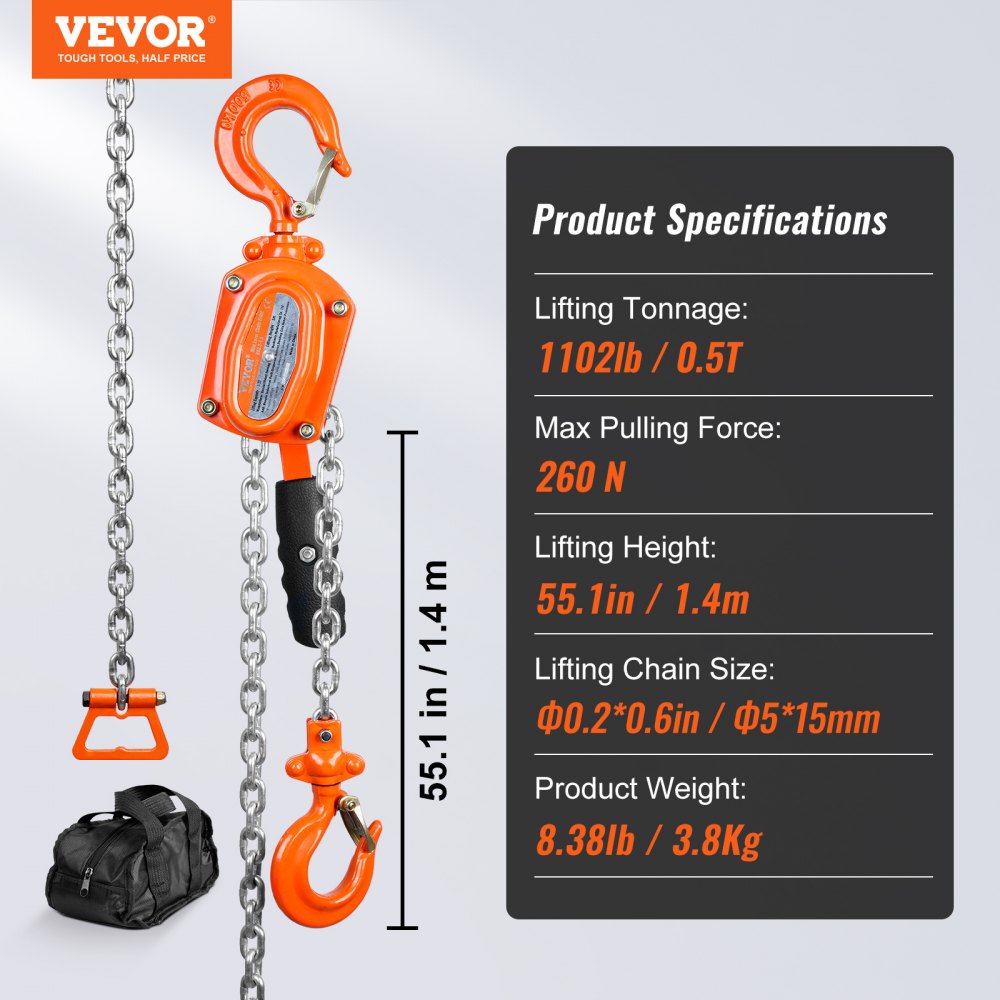 Manual Lever Chain Hoist, 1/2 Ton 1100 lbs Capacity 5 FT Come Along, G80 Galvanized Carbon Steel with Weston Double-Pawl Brake, Auto Chain Leading & 360° Rotation Hook, for Garage Factory Dock