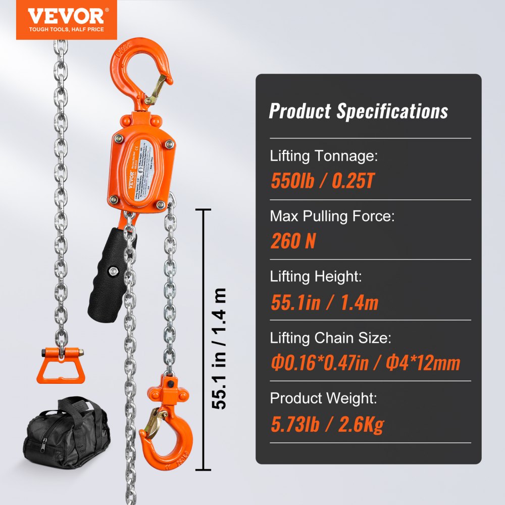 Manual Lever Chain Hoist, 1/4 Ton 550 lbs Capacity 5 FT Come Along, G80 Galvanized Carbon Steel with Weston Double-Pawl Brake, Auto Chain Leading & 360° Rotation Hook, for Garage Factory Dock