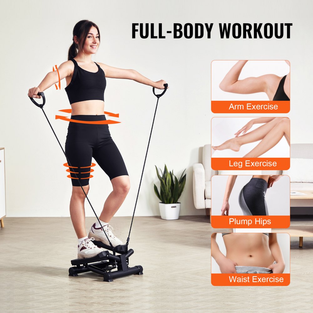 Compact hydraulic stair stepper with non-slip pedals and resistance bands for home exercise.