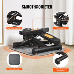 Compact hydraulic stair stepper with non-slip pedals and resistance bands for home exercise.