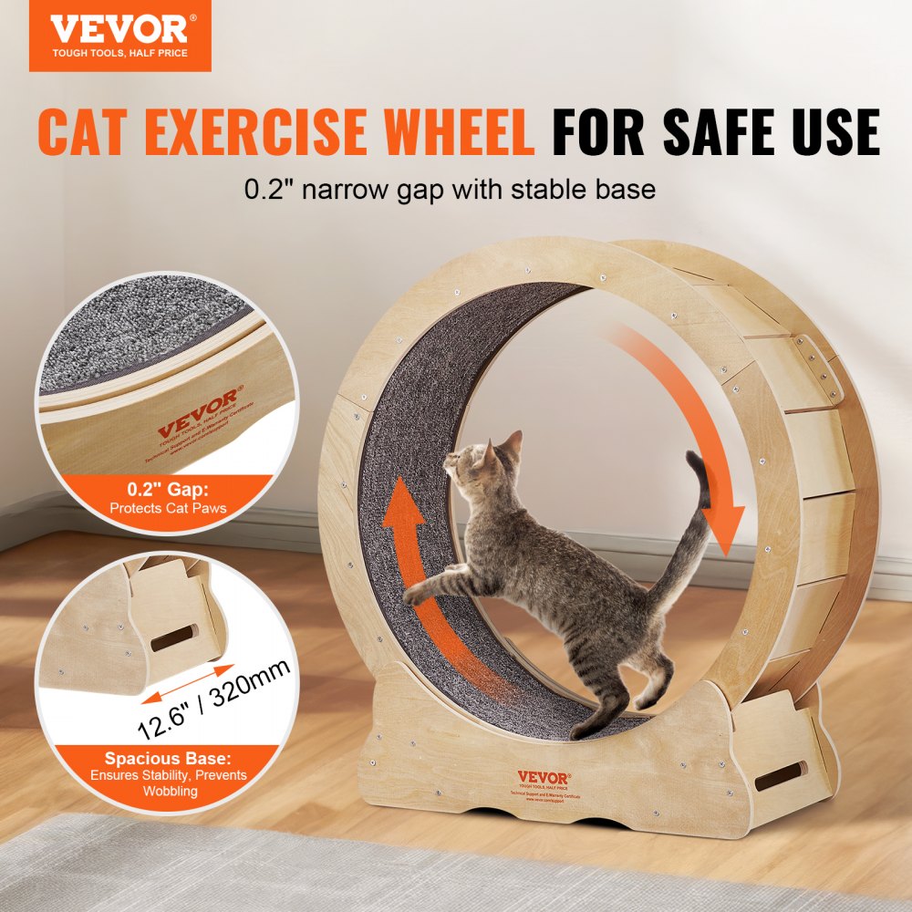 Large cat exercise wheel with a silent treadmill design and sturdy wood construction.