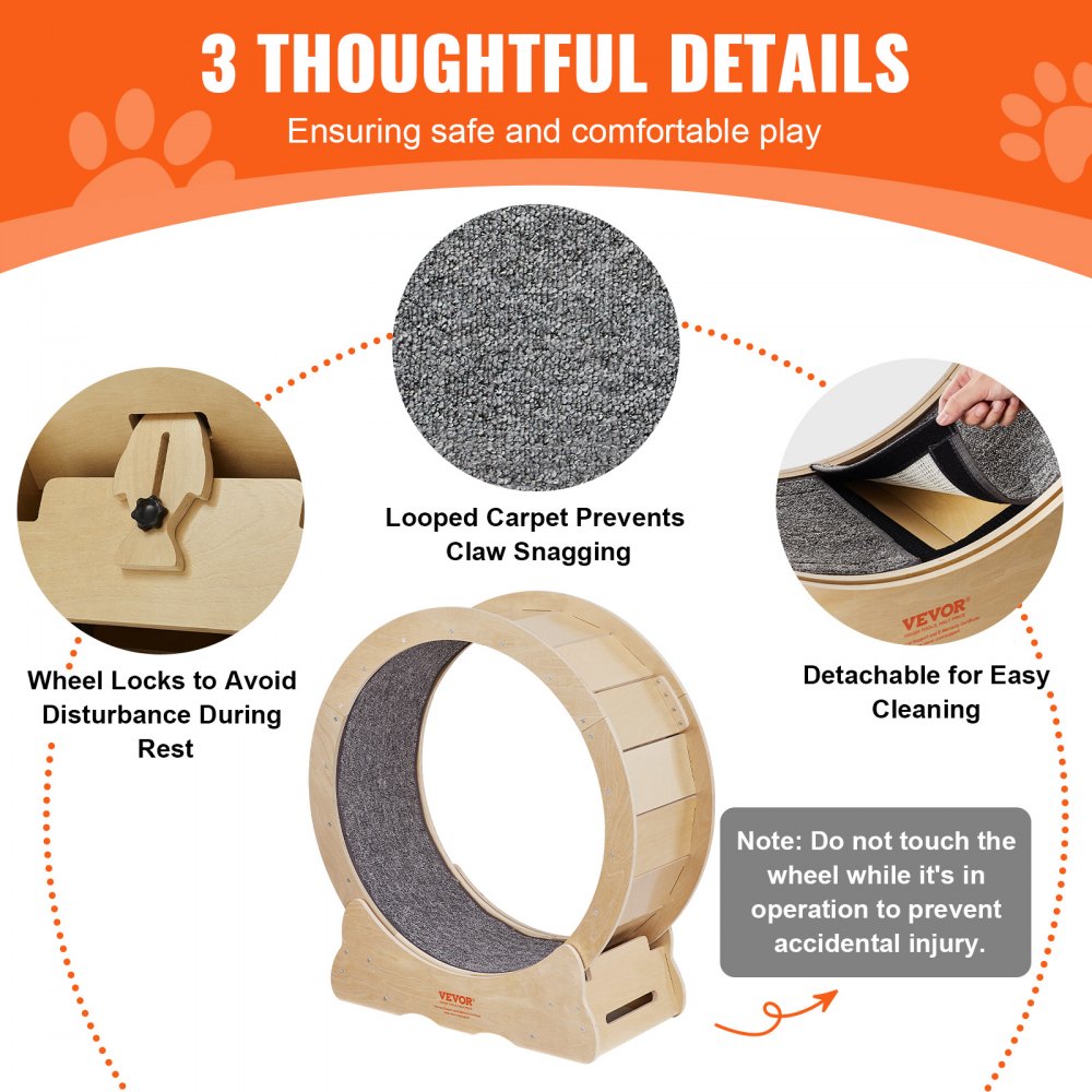Large cat exercise wheel made of birch and poplar wood with a silent treadmill design.