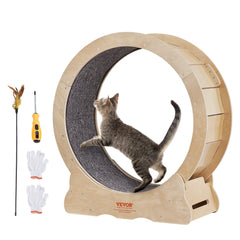 Large cat exercise wheel with a silent treadmill and sturdy wood construction for indoor use.