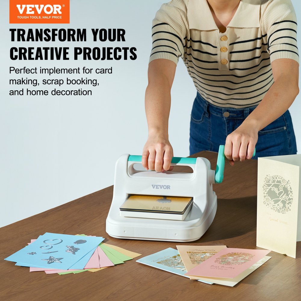 Person using Bostome manual die cutting embossing machine with cards and paper on table.