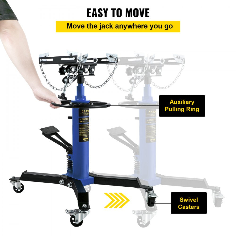 Transmission Jack, 33"-67" High Lift, 1100 lbs Hydraulic Telescoping Transmission Jack, 2-Stage Floor Jack Stand 1/2 Ton Capacity with Foot Pedal, 360° Swivel Wheel, Garage/Shop Lift Hoist