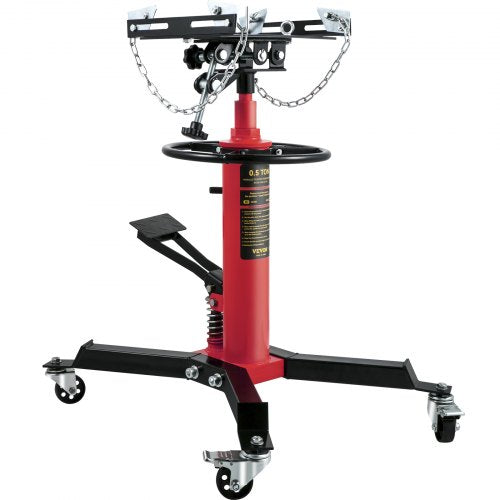 Red steel hydraulic transmission jack with 1100 lbs capacity, pedal lift, and swivel casters.