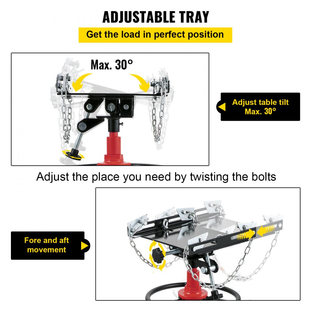 Red steel hydraulic transmission jack with adjustable tray tilting up to 30 degrees and 360-degree rotation.