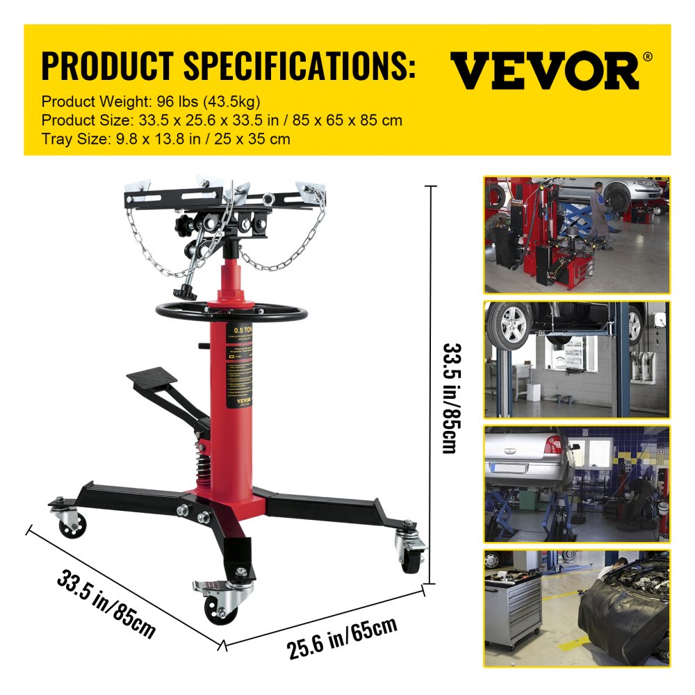 Red steel hydraulic transmission jack with 1100 lbs capacity, adjustable saddle, and swivel casters.