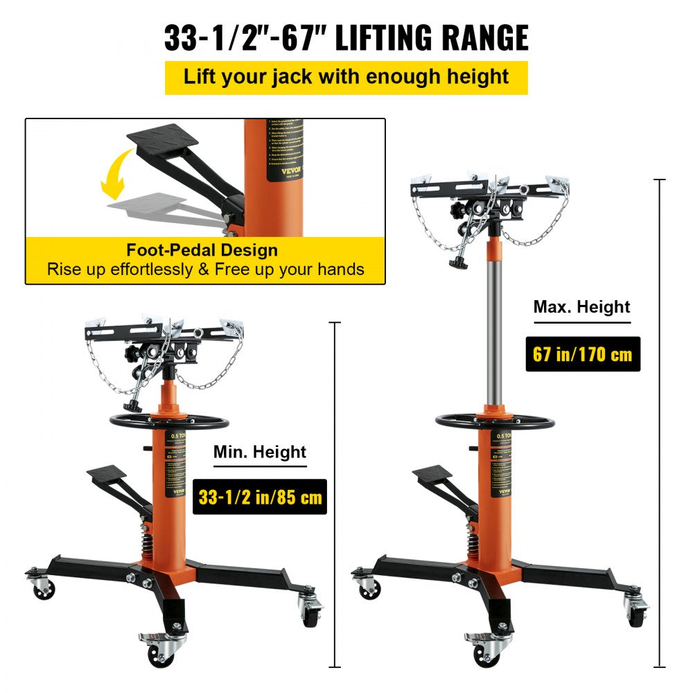 Transmission Jack, 1/2Ton/1100lbs Capacity Hydraulic Telescopic Transmission Jack, 2-Stage Floor Jack Stand with Foot Pedal, 360° Swivel Wheel, Garage/ Shop Lift Hoist, Orange